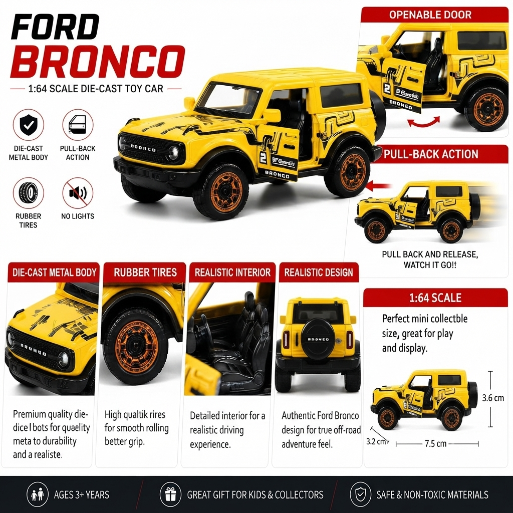 Ford Bronco Wildtrak Racing Edition Die-Cast Metal Toy Car 1:64 Scale with Opening Doors