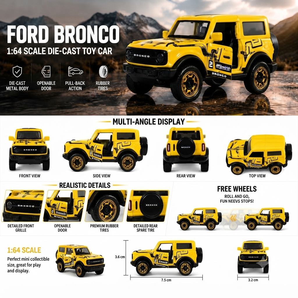 Ford Bronco Wildtrak Racing Edition Die-Cast Metal Toy Car 1:64 Scale with Opening Doors