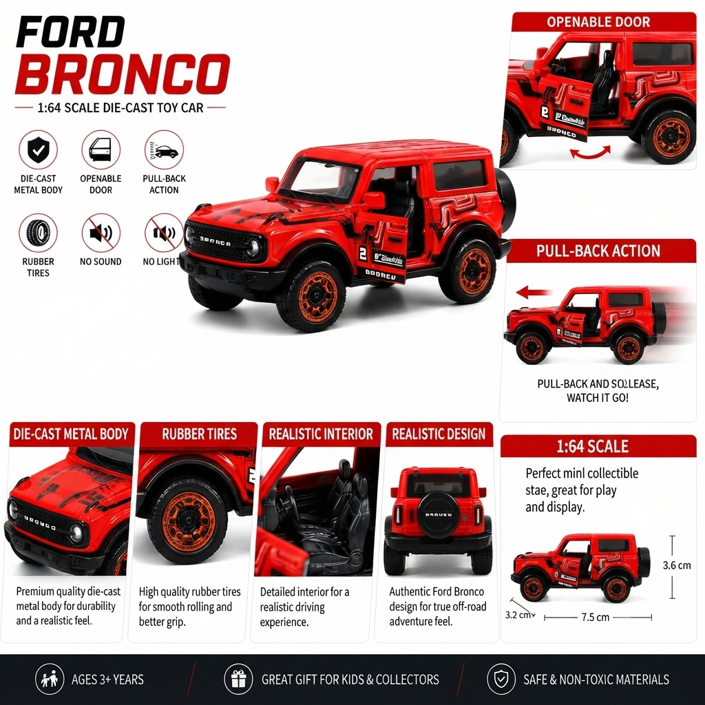 Ford Bronco Wildtrak Racing Edition Die-Cast Metal Toy Car 1:64 Scale with Opening Doors