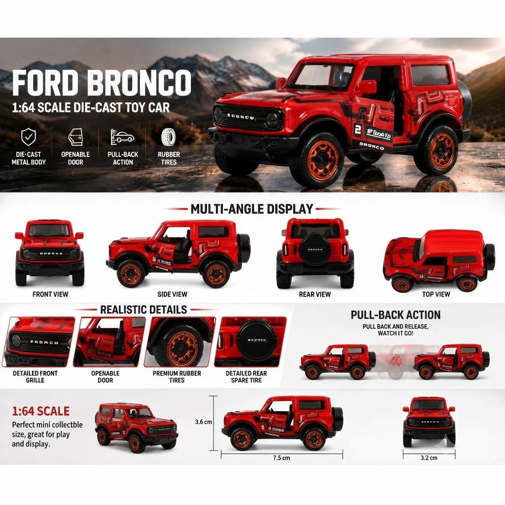 Ford Bronco Wildtrak Racing Edition Die-Cast Metal Toy Car 1:64 Scale with Opening Doors