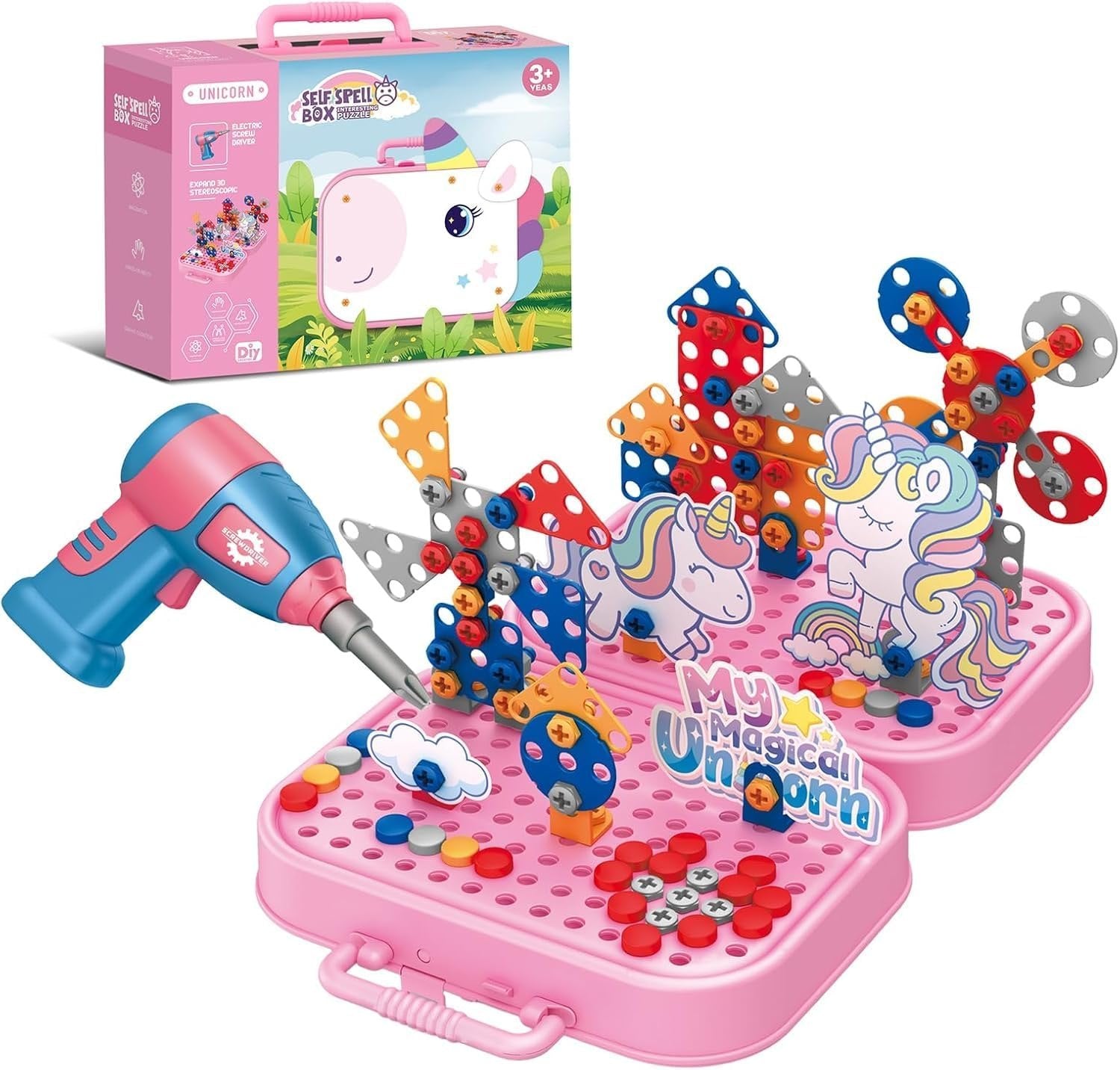 Self Spell Box Montessori Play Toolbox for Kids, 2D/3D Creativity Tool Box with Drill- Any 1