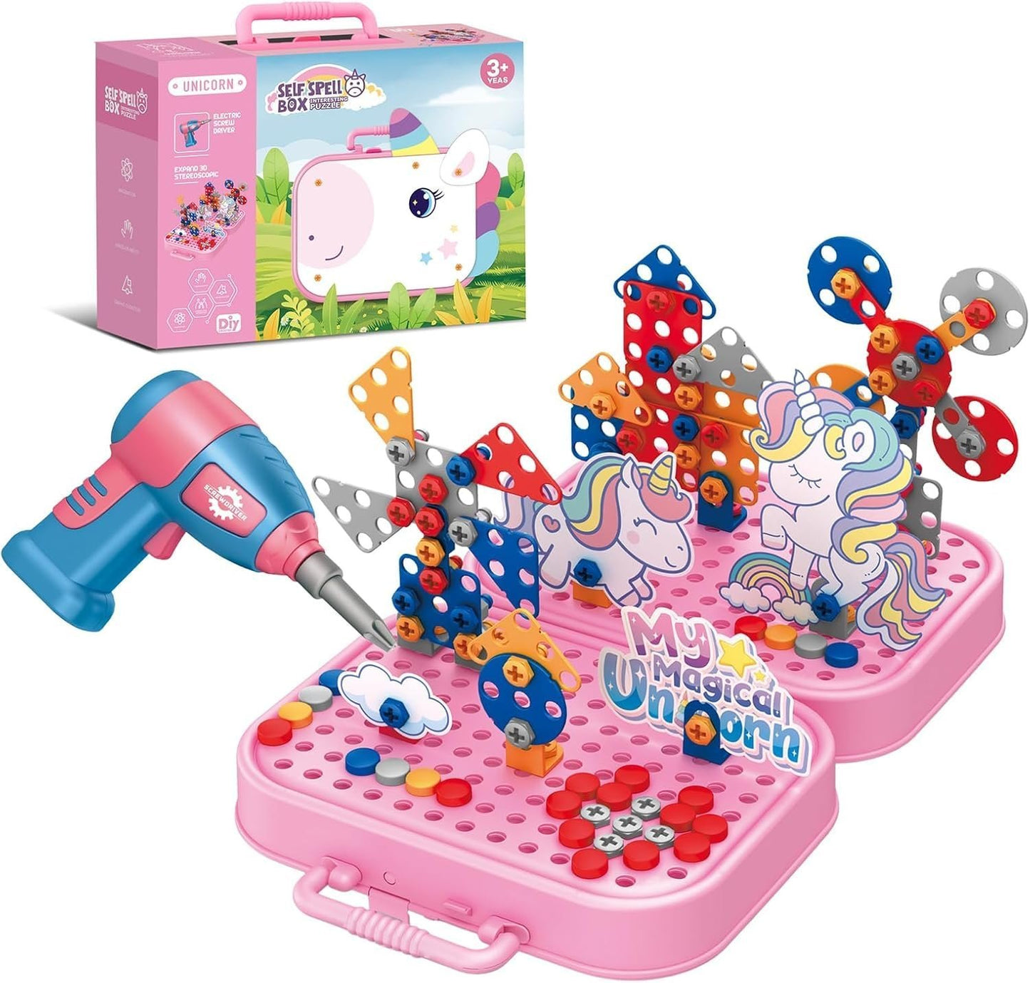 Self Spell Box Montessori Play Toolbox for Kids, 2D/3D Creativity Tool Box with Drill- Any 1