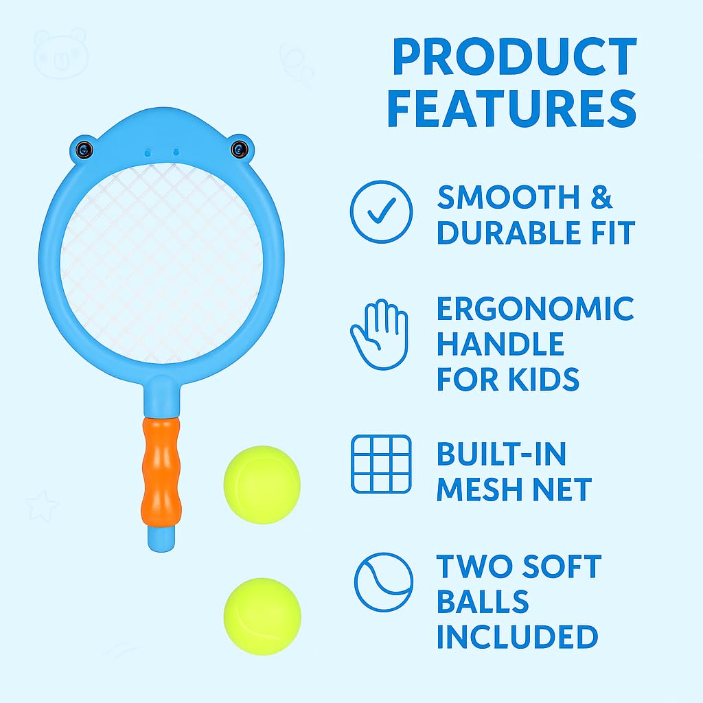 Shark Shape Tennis Racket Set for Kids 3-8 Years – Lightweight Plastic Bat & Ball Toy