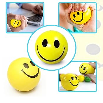 Smiley face stress ball with close-up shots of hands holding it.