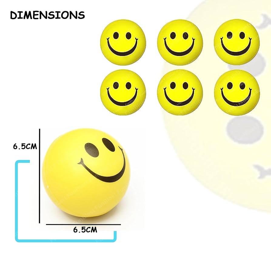 Yellow smiley face balls with dimensions indicated on a white background