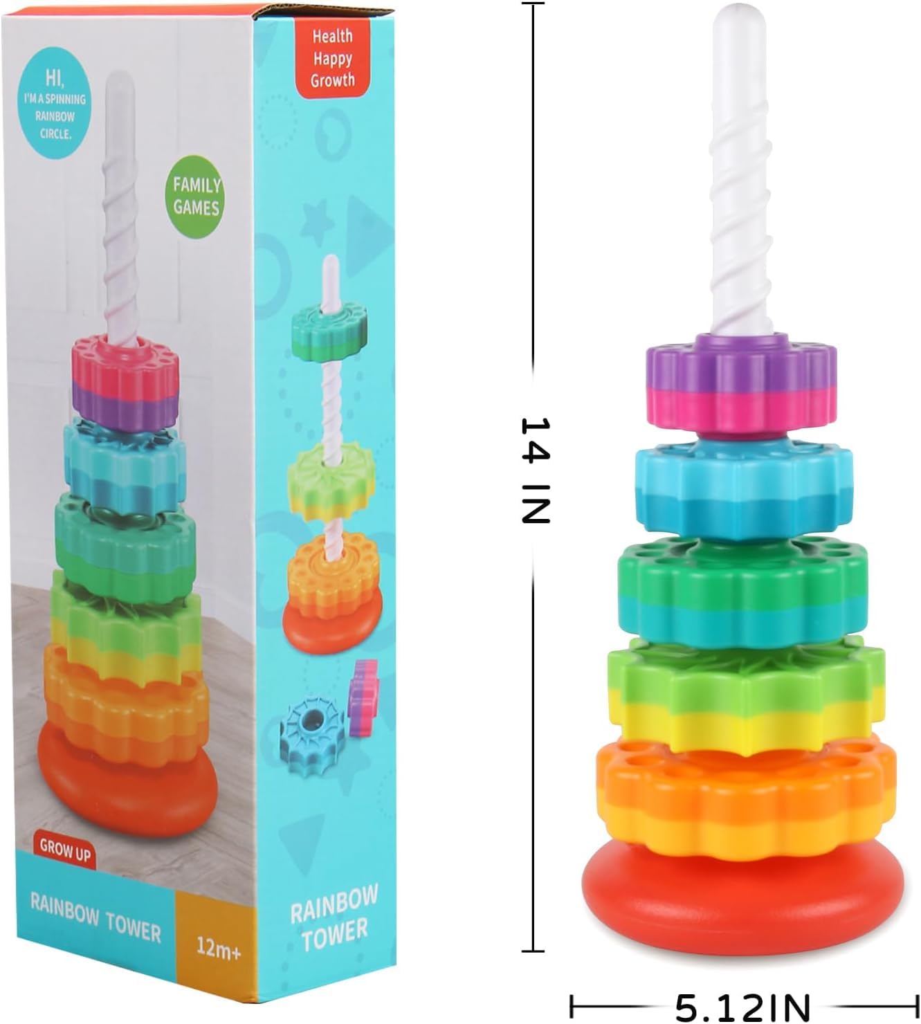 Spinning Stacking Toys for Toddlers 1-3, Rainbow Ring Stacker Montessori Toys