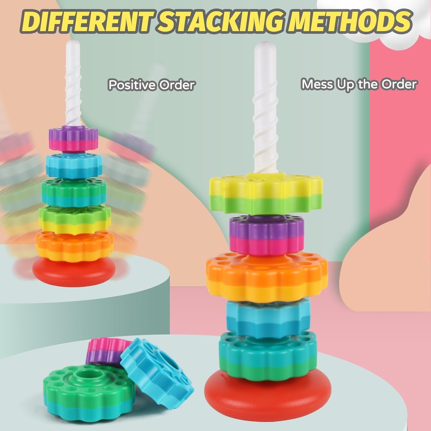 Spinning Stacking Toys for Toddlers 1-3, Rainbow Ring Stacker Montessori Toys