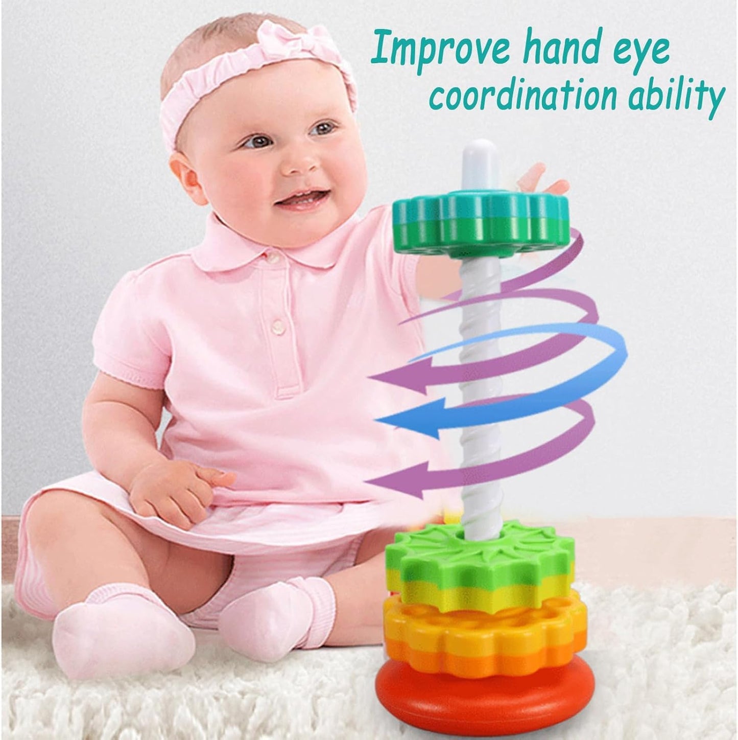 Spinning Stacking Toys for Toddlers 1-3, Rainbow Ring Stacker Montessori Toys