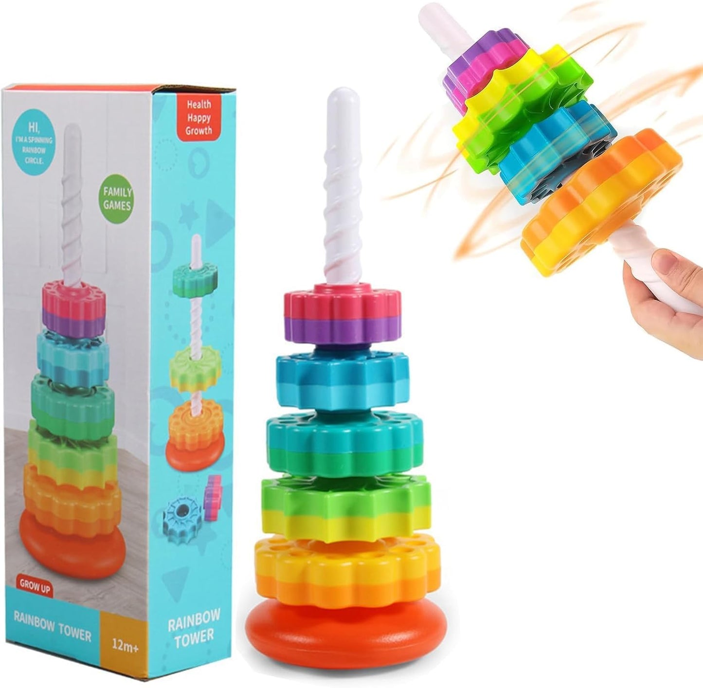 Spinning Stacking Toys for Toddlers 1-3, Rainbow Ring Stacker Montessori Toys