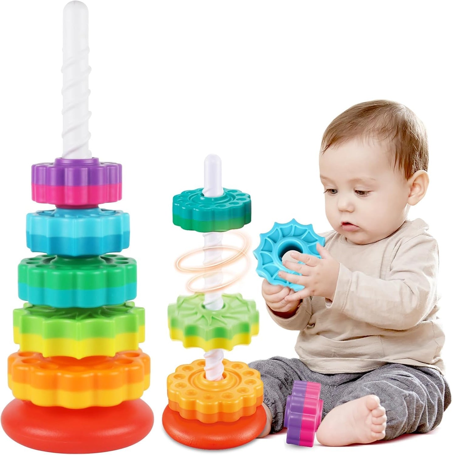 Spinning Stacking Toys for Toddlers 1-3, Rainbow Ring Stacker Montessori Toys