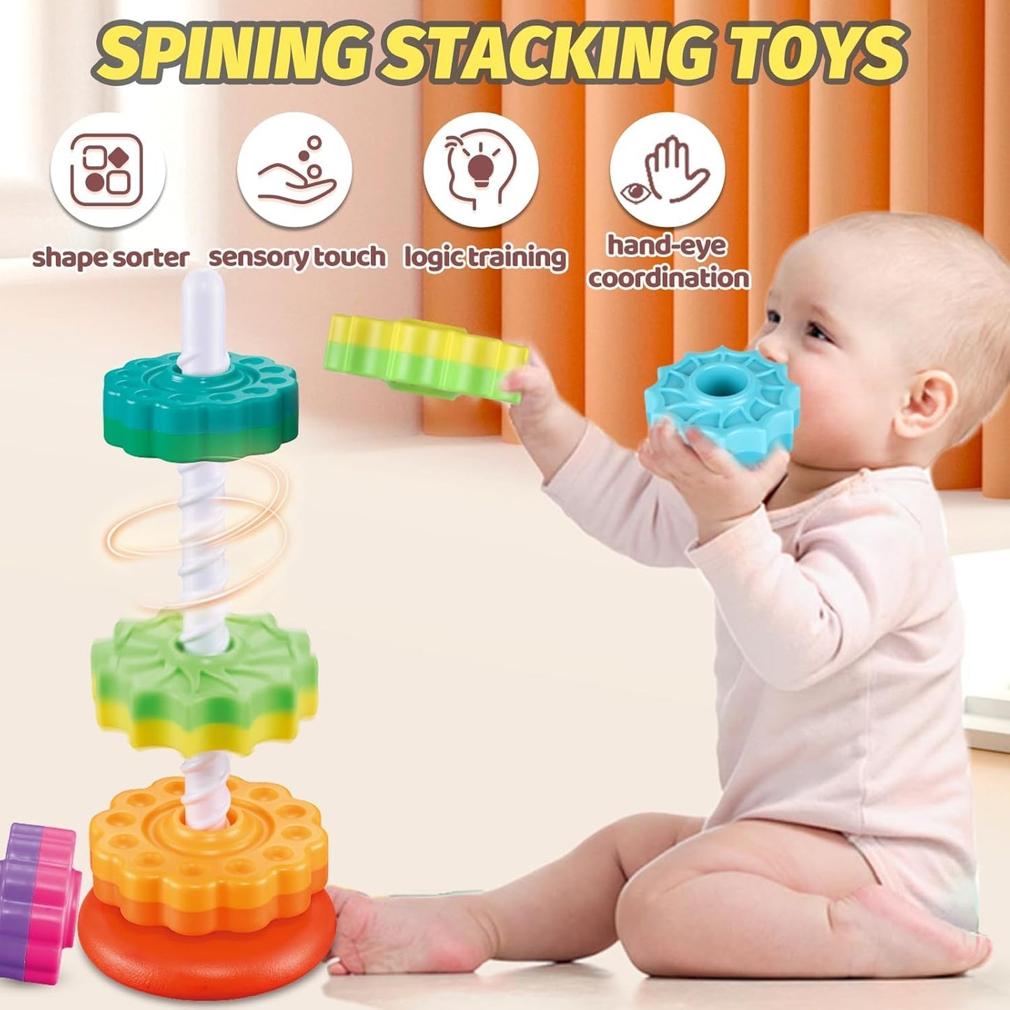 Spinning Stacking Toys for Toddlers 1-3, Rainbow Ring Stacker Montessori Toys