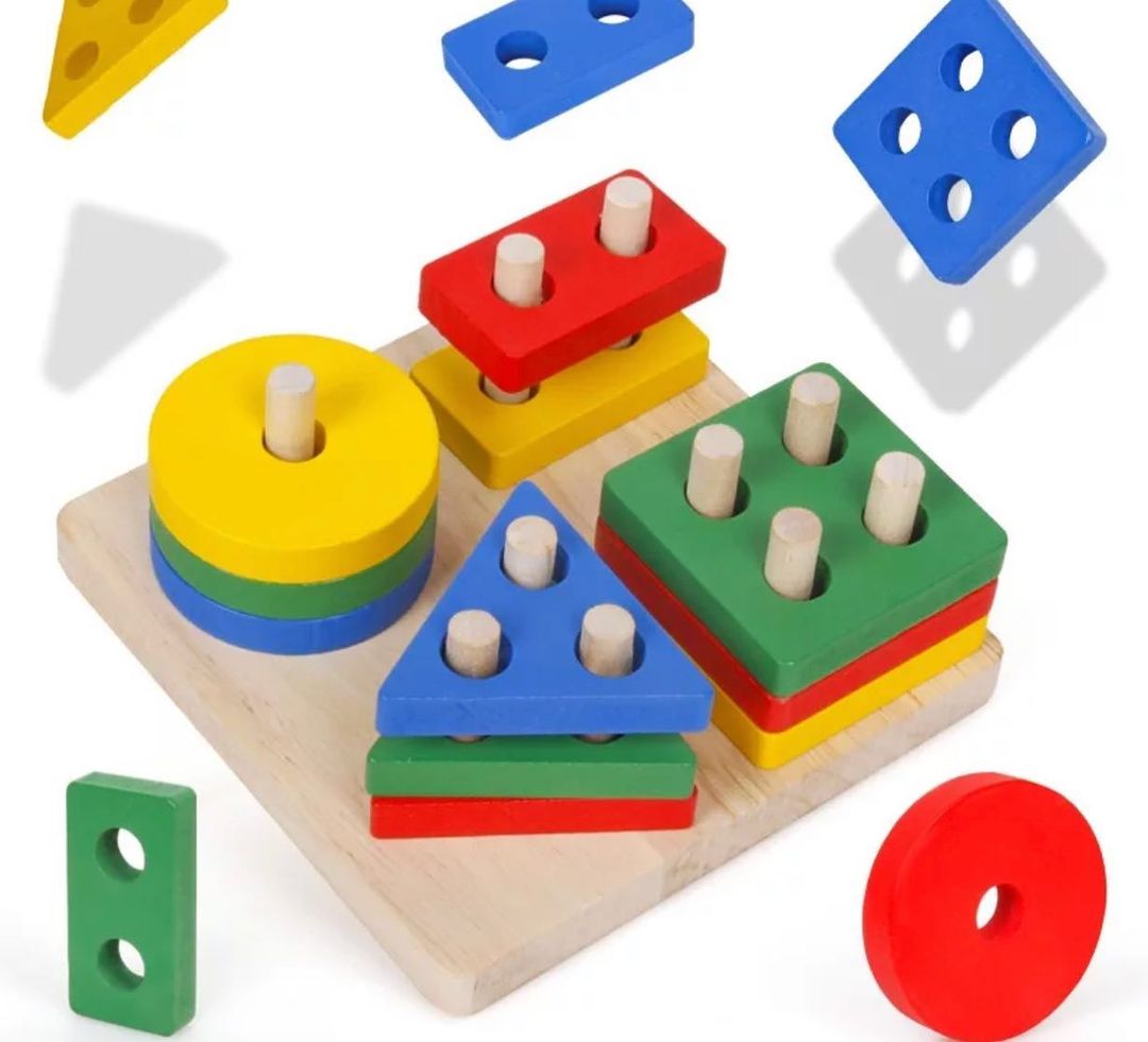 Square Wooden 4 in 1 Multishapes Stacker- Shapes stacker puzzle