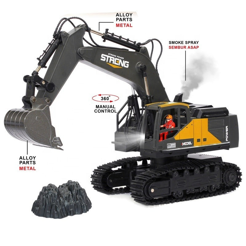 Strong Power RC Alloy Metal Model Excavator 1:16 Scale | 2.4Ghz | Light & Sounds | Horn | Demo mode | Smoke Spraying