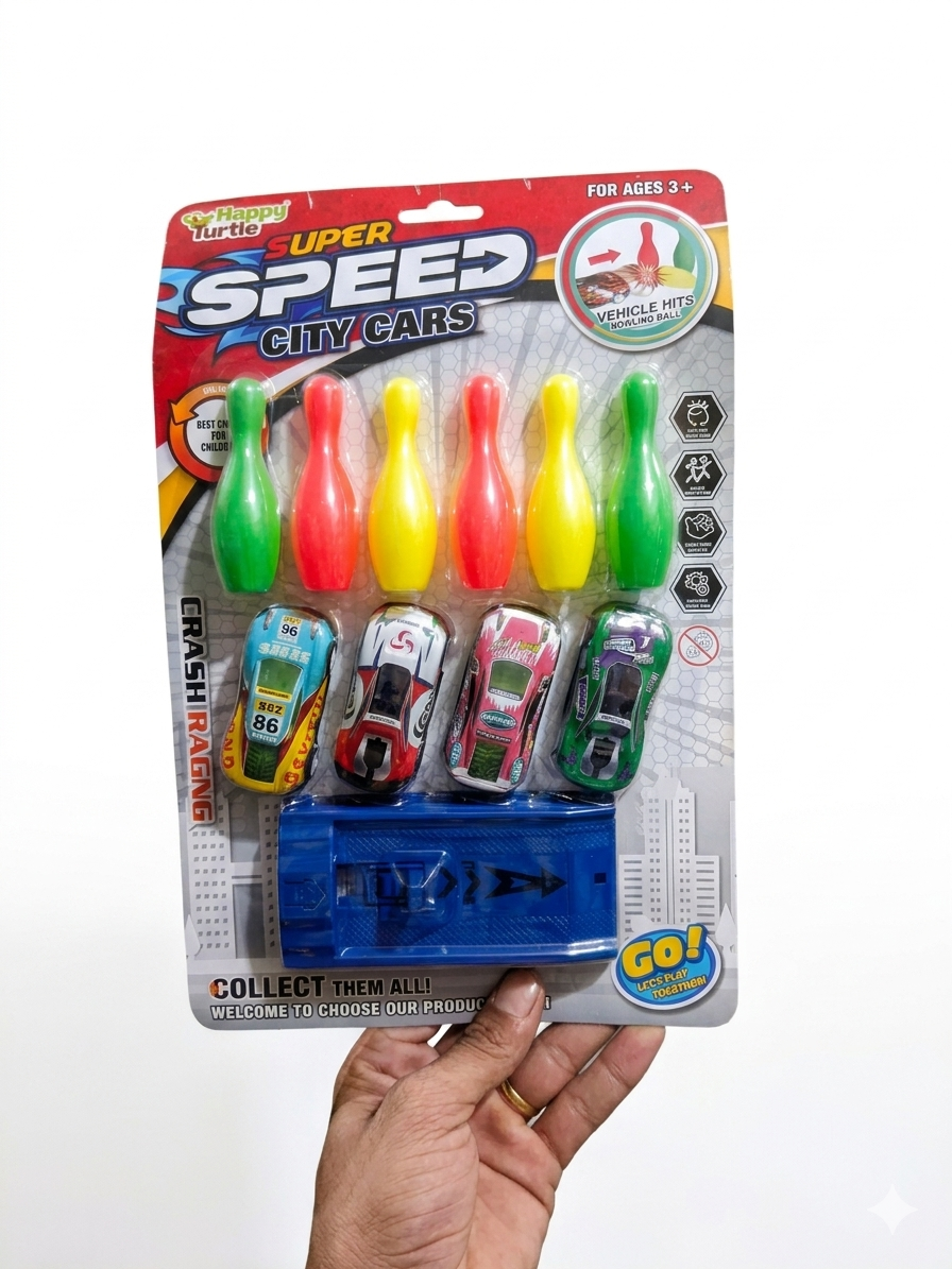 Super Speed City Cars Launcher with 4 cars 6 Bowling Spills