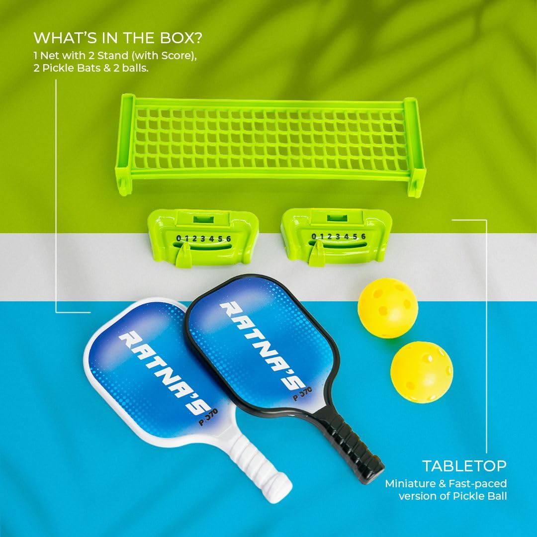 Table Top Pickleball Set, 2 Paddles, 2 Balls, 23 cm Net with Score Counter, Miniature Game for Kids