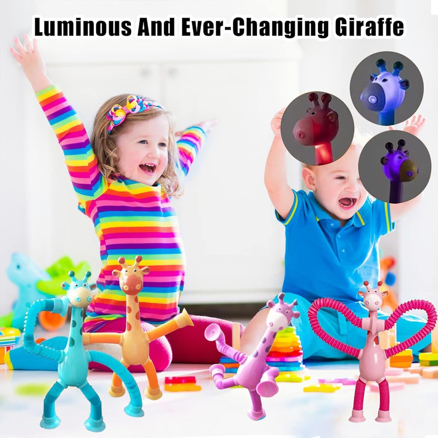 Telescopic Suction Cup Giraffe Toy, LED Telescopic Pipe with Suction Cup, Shape-Changing Stretch Tube