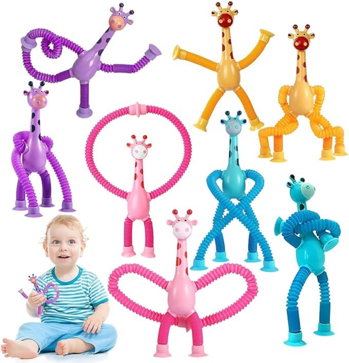 Telescopic Suction Cup Giraffe Toy, LED Telescopic Pipe with Suction Cup, Shape-Changing Stretch Tube