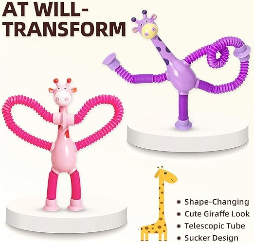 Telescopic Suction Cup Giraffe Toy, LED Telescopic Pipe with Suction Cup, Shape-Changing Stretch Tube