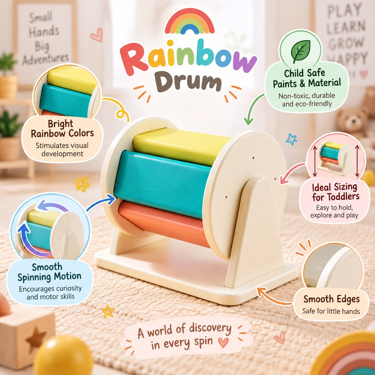 Toystorey Wooden Spinning Drum toy For 6+ Months baby