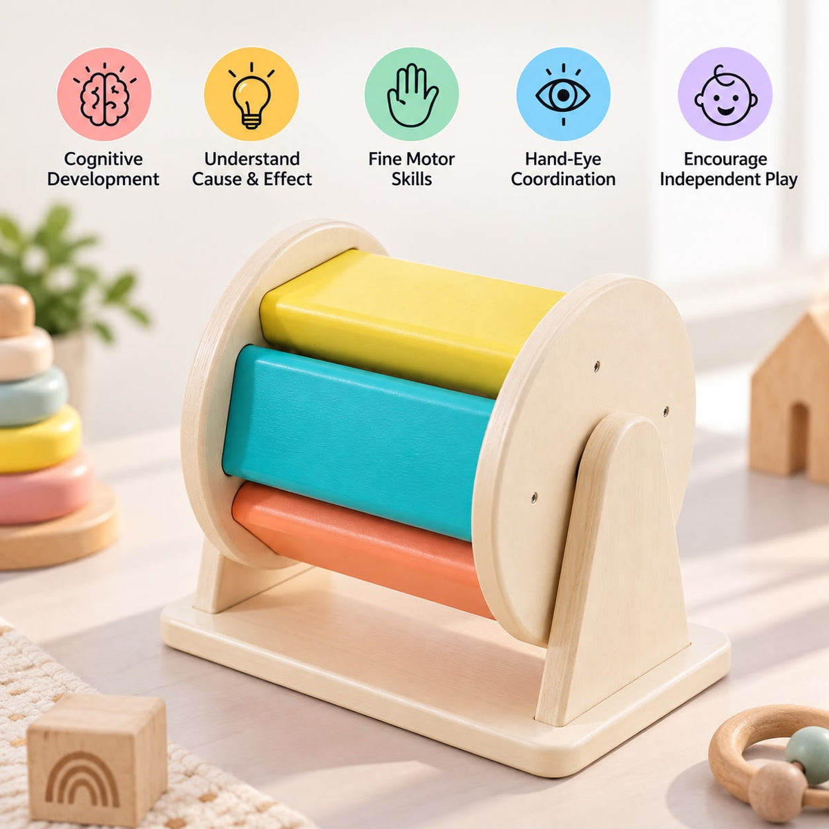 Toystorey Wooden Spinning Drum toy For 6+ Months baby