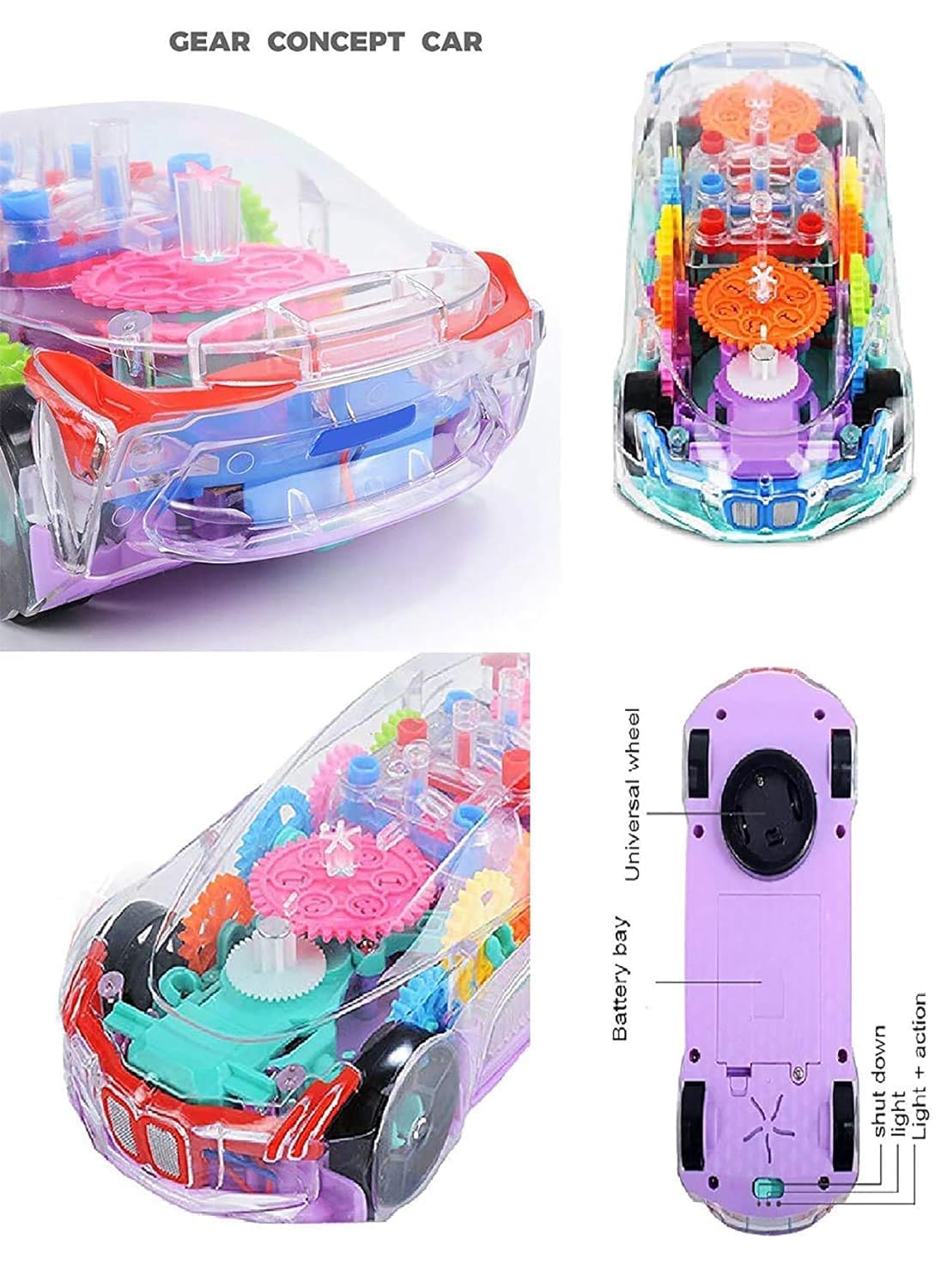 Transparent Gear Concept Racing Car with Light & Sound 360 Degrees Rotating Bump
