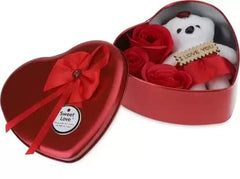 Valentine Heart Shape Box with Teddy and Red Rose Flowers Combo