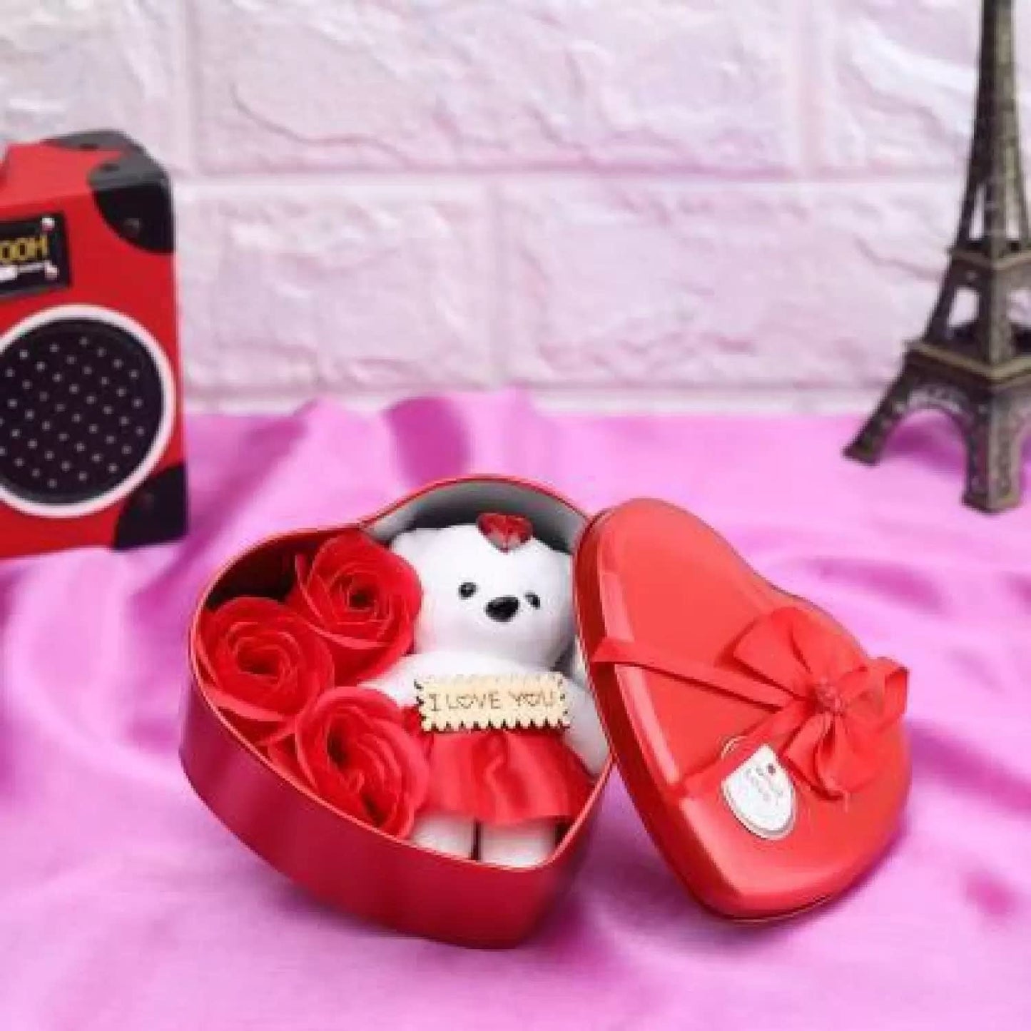 Valentine Heart Shape Box with Teddy and Red Rose Flowers Combo