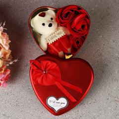 Valentine Heart Shape Box with Teddy and Red Rose Flowers Combo