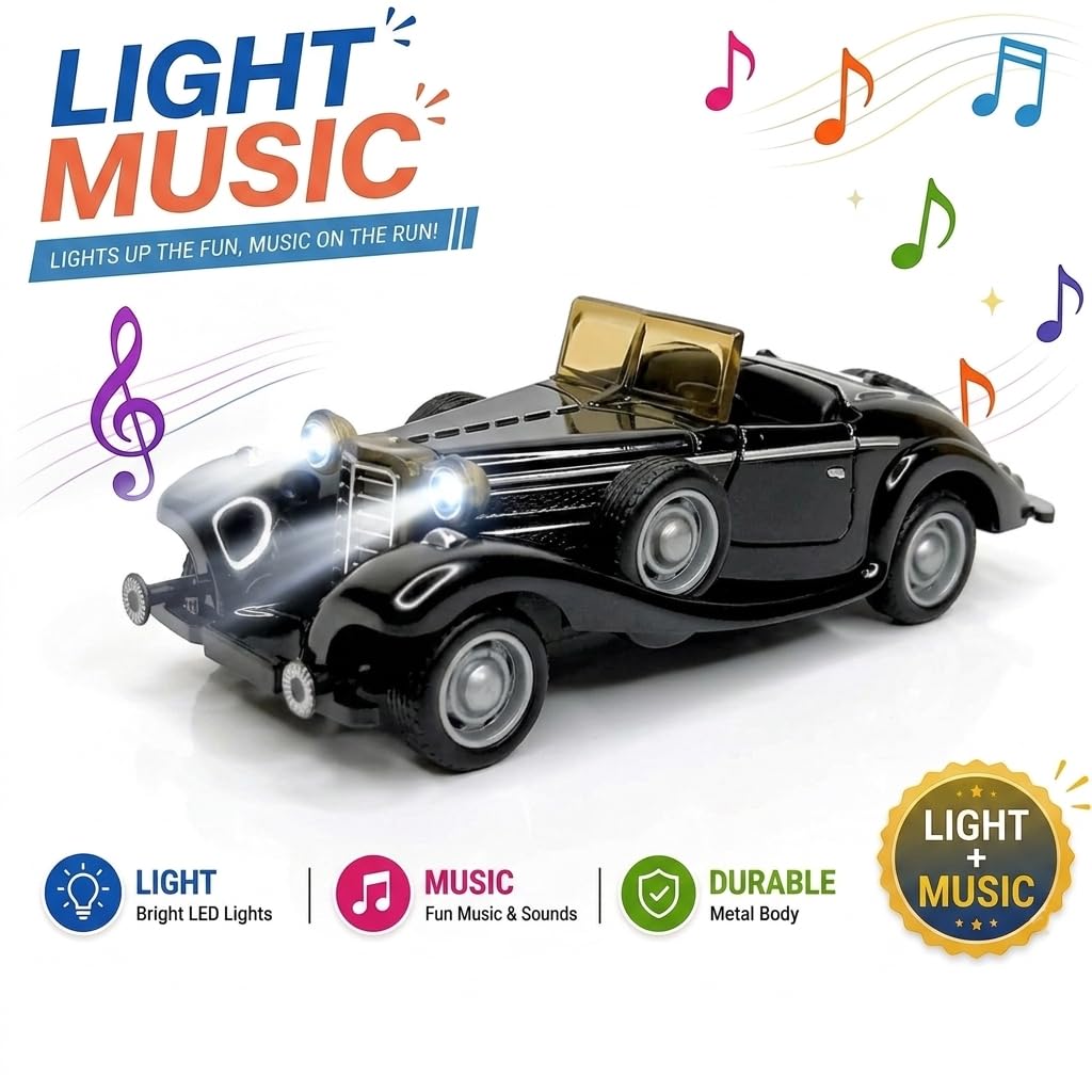 Vintage Toy Car Classic Die Cast Metal Pull Back Car with Lights and Sounds