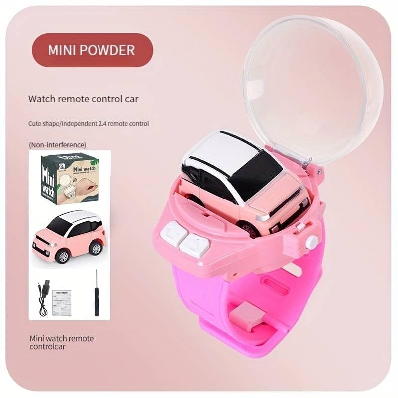 Watch Launcher Car - Mini Remote Control Car Watch Toys, Easy Control Safe 98.4ft Remote Control Distance Cute Wrist Racing Car Watch Silicone Strap with Dust Cover for Outdoor (BAW Pink)