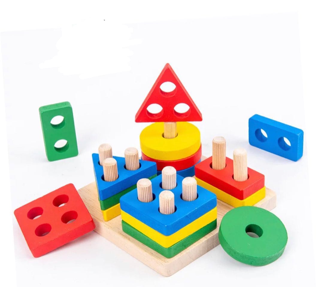 Square Wooden 4 in 1 Multishapes Stacker- Shapes stacker puzzle