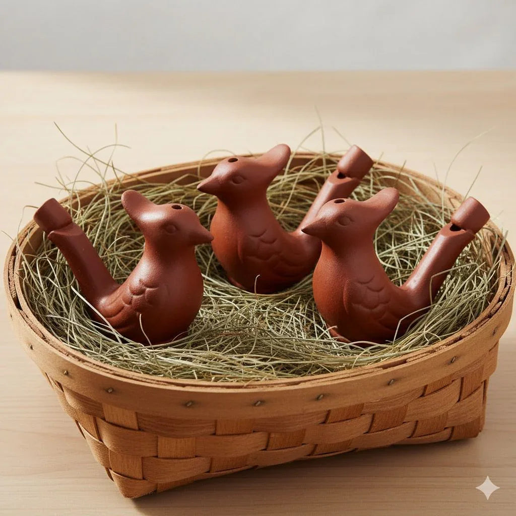 Three terracotta duck-shaped whistles in a woven basket with straw on a wooden surface.