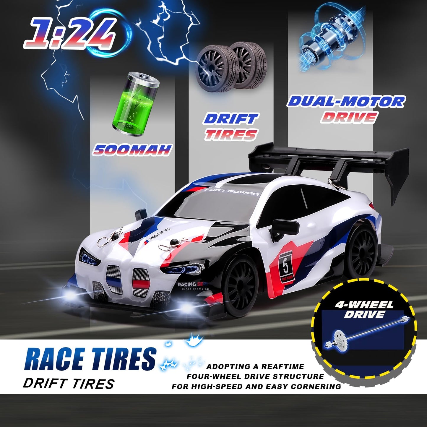BMW White - 1:24 Scale RC Drift Car,4WD 2.4GHz High Speed Racing Hobby Sport Toy Car Vehicle with LED Lights,Racing and Drift Wheels for Adult Boys Girls Kids Gift (8607-White)