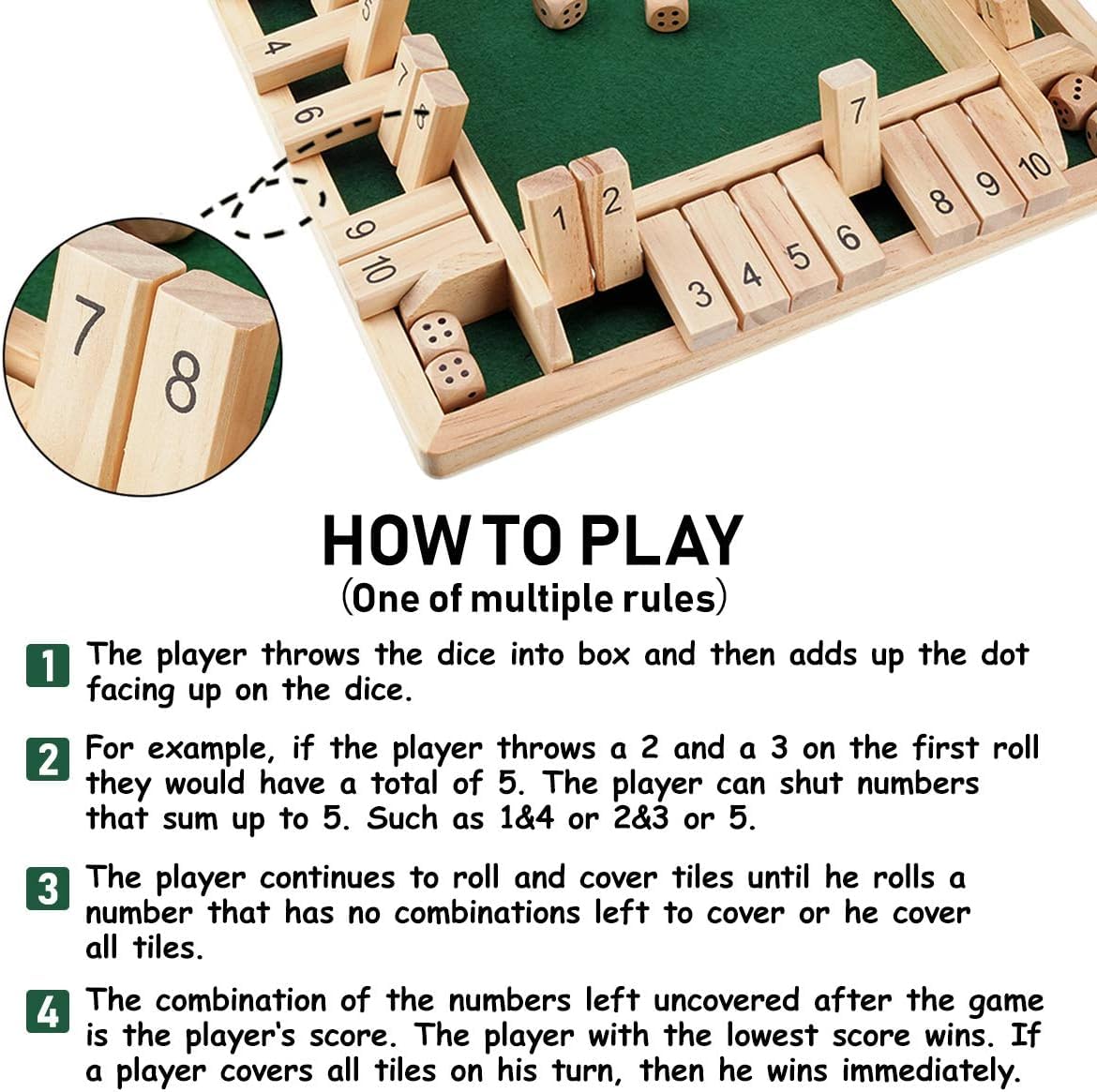 White Wooden Shut The Box Dice Game | 4 Player Board Game | Educational Math Learning Toy | Table Top Game for The Party Family | Traditional Number Game
