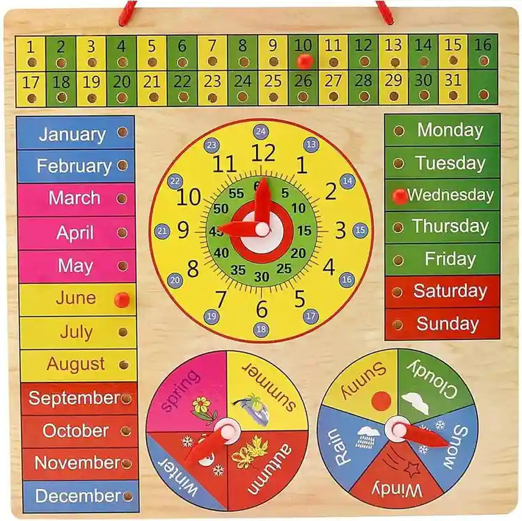 Wooden All in One Multifunctional Learning Board 12*12 Clock, Calendar, Days, Months, Weather, Seasons | Learning Board for Kids with Pins