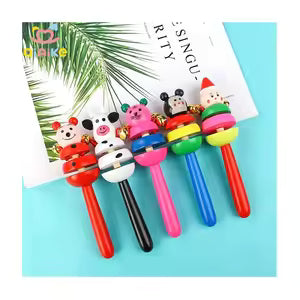 Wooden Cartoon Animal Rattle with 2 bells Multicolor- Any 1 Random