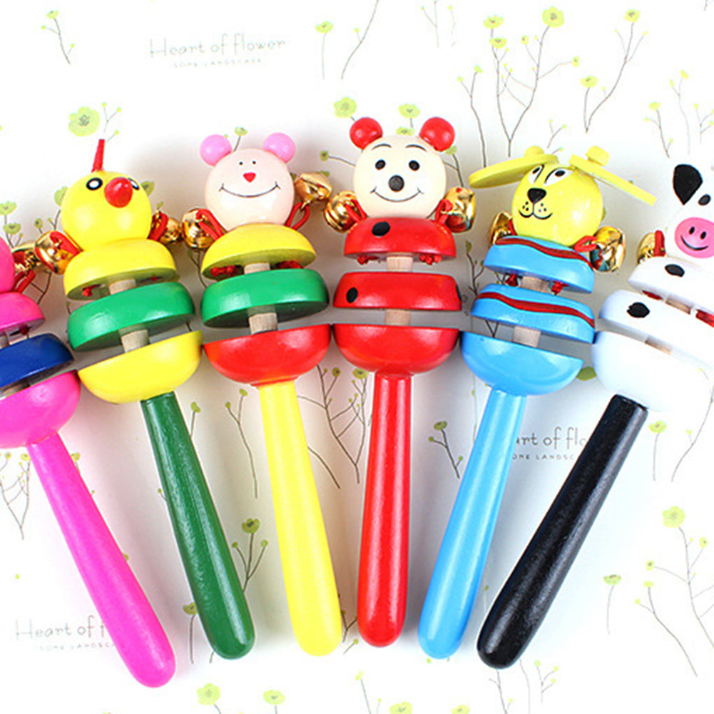 Wooden Cartoon Animal Rattle with 2 bells Multicolor- Any 1 Random