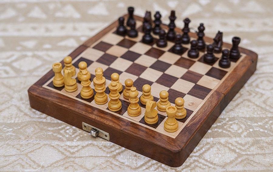 Wooden Chess with 32 wooden coins Small size 10 inch