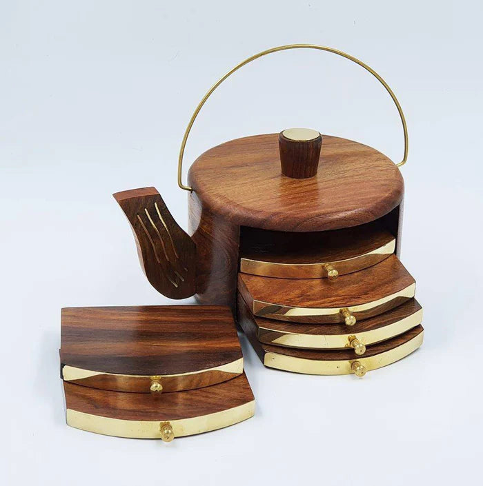 Wooden Kettle Shape Coasters Set of 6