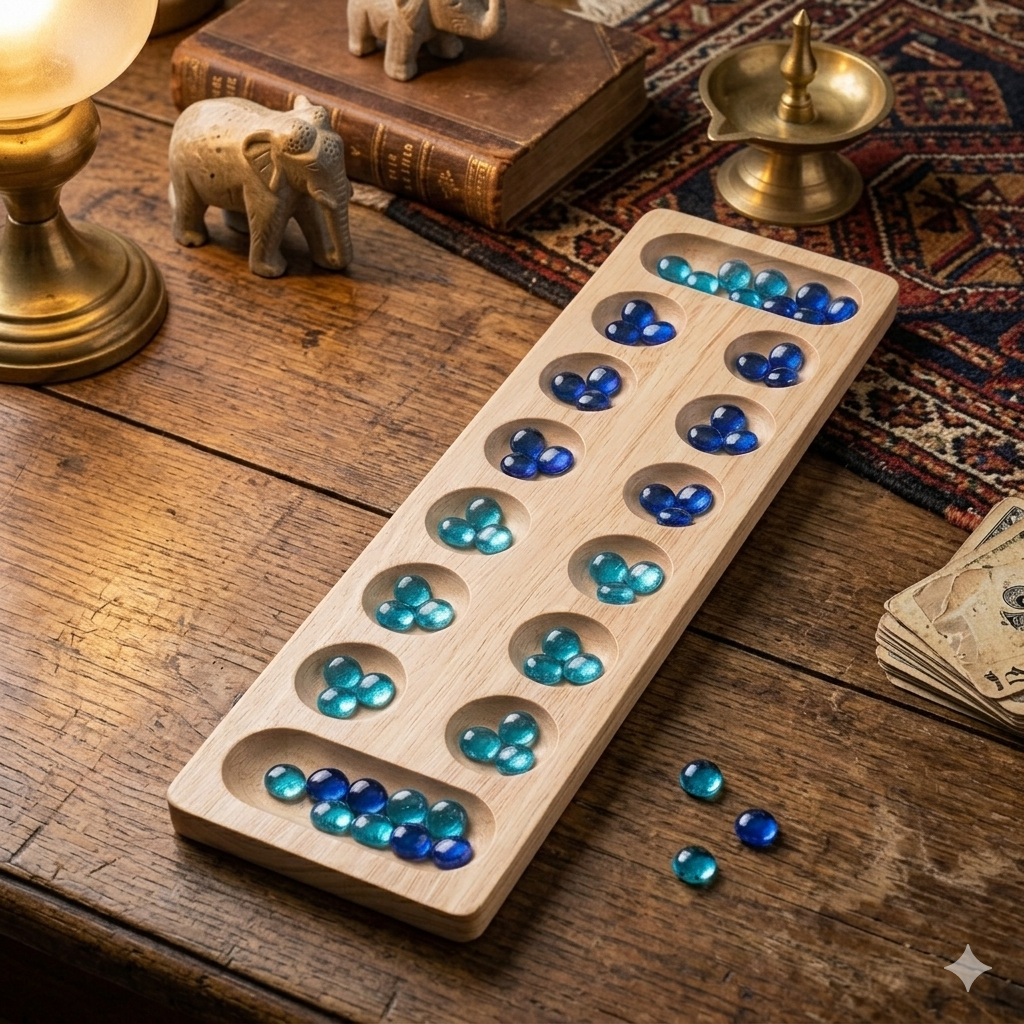Wooden Mancala Game Board with Stones