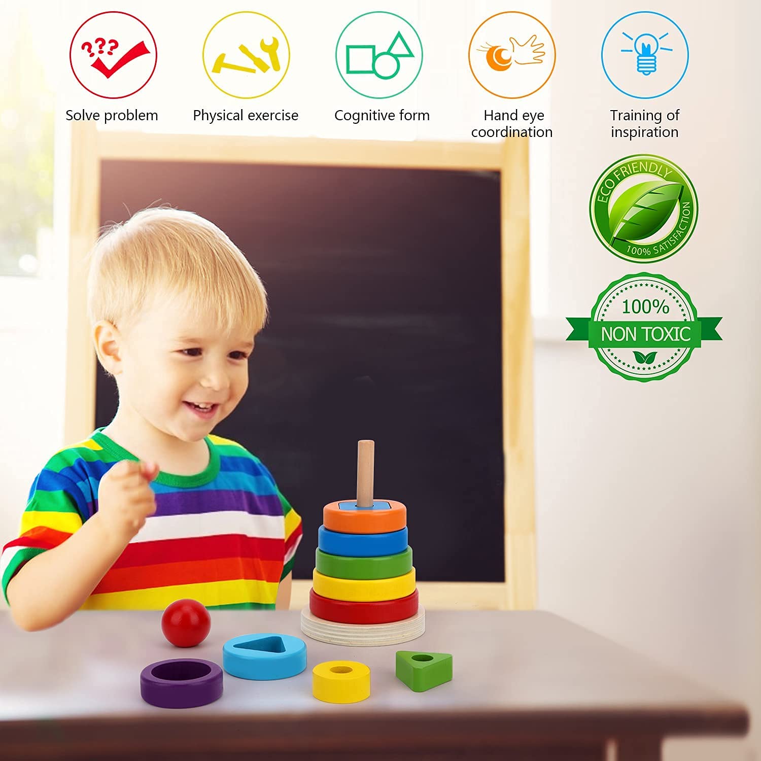 Wooden Rainbow Rings Tower - Geometric Shape Recognition, Sorting, Stacking and Plugging