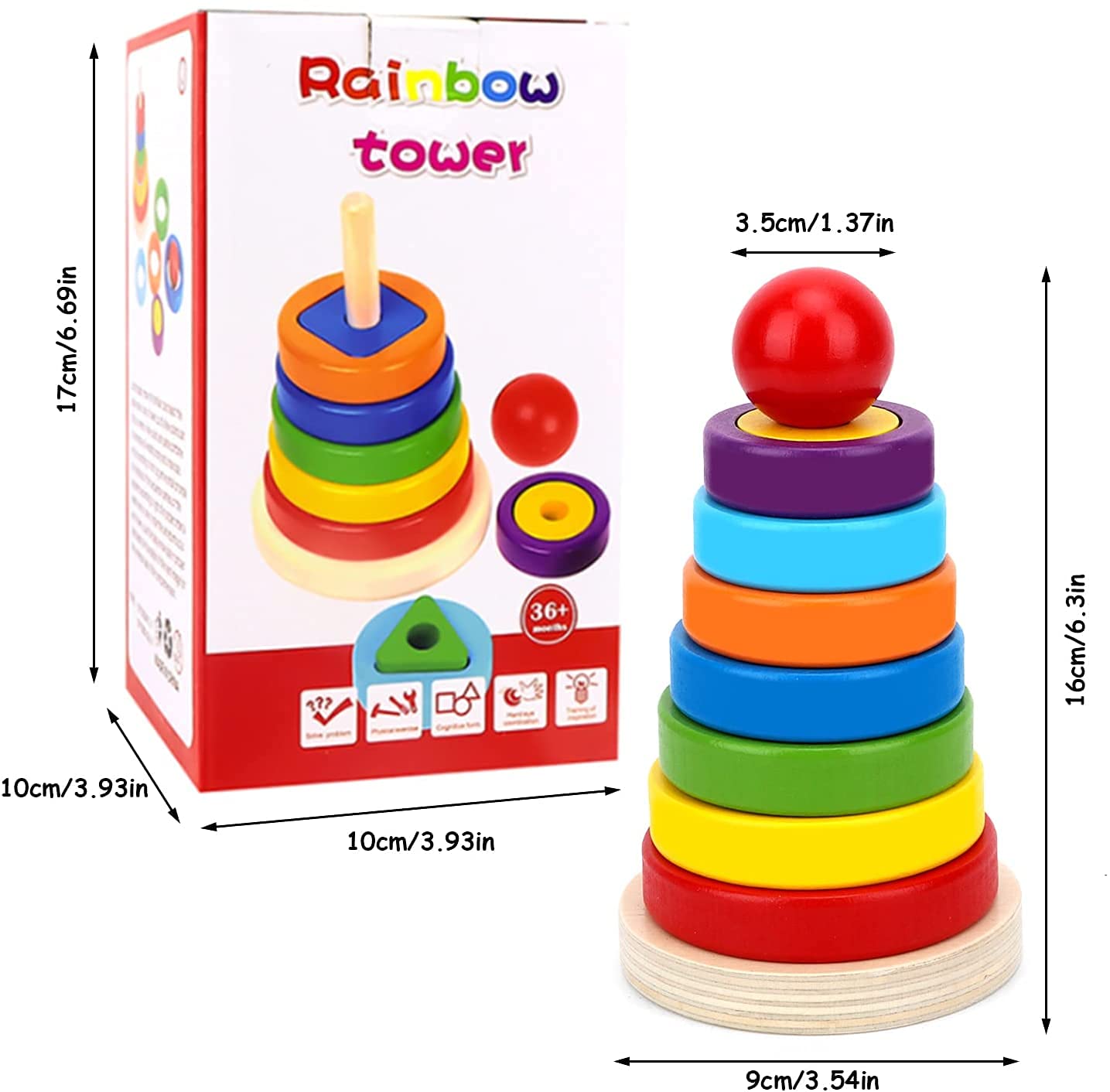 Wooden Rainbow Rings Tower - Geometric Shape Recognition, Sorting, Stacking and Plugging