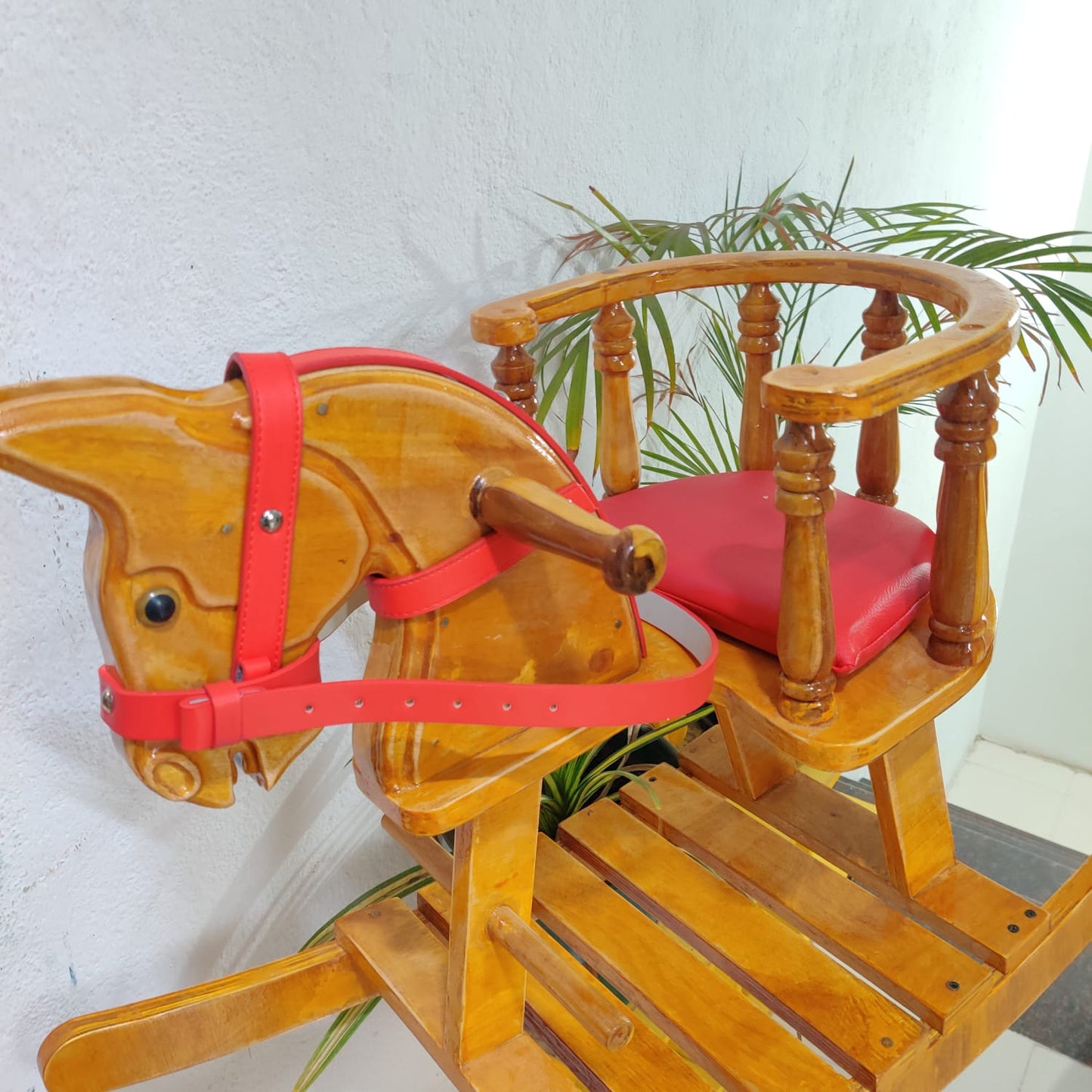 Wooden Rocking Horse With Side Support Baby Protection - Red Belt seat -Read Description