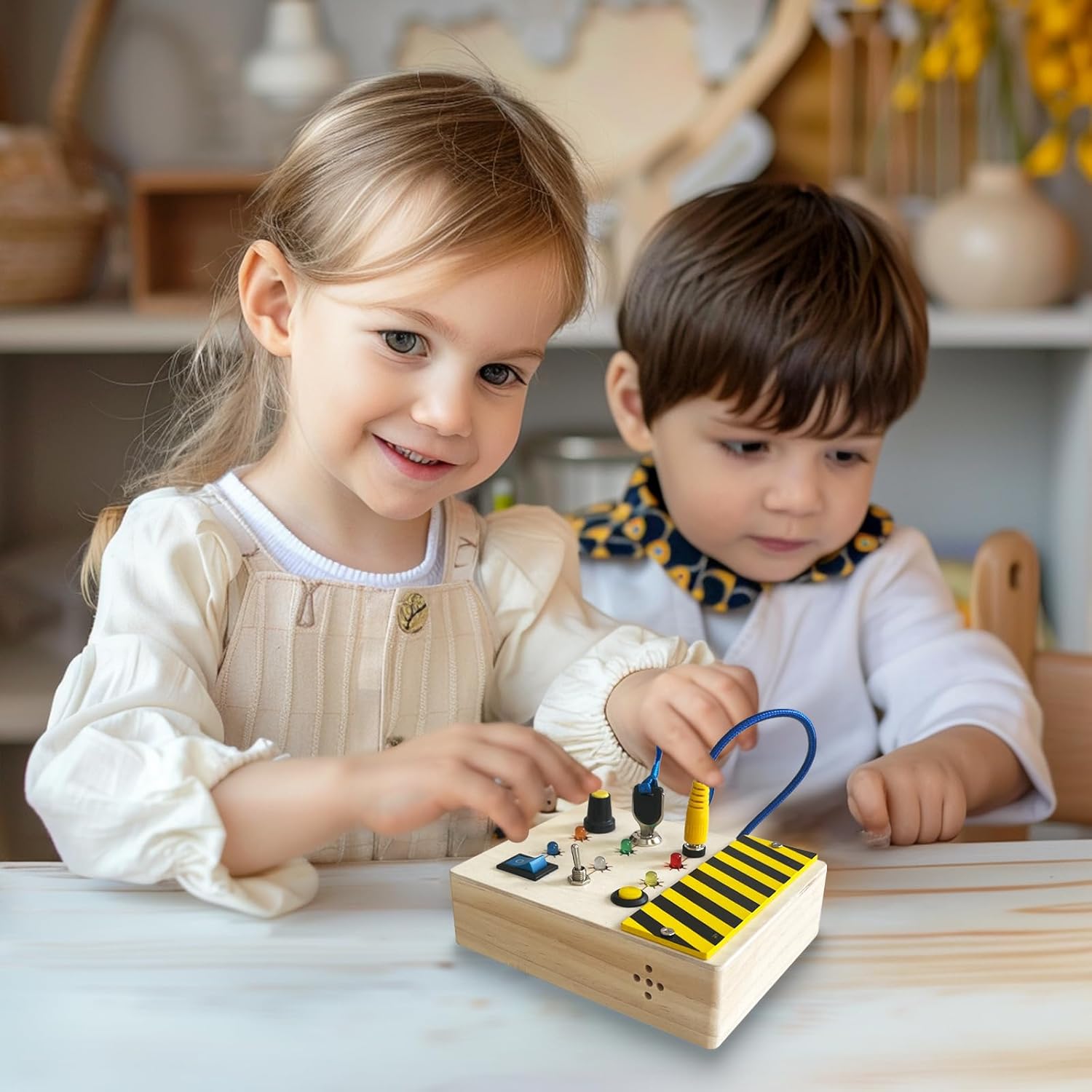 Wooden Sensory Board Switch Toy with Real LED Light and Sounds, Montessori Busy Board Toys for Toddler, Educational Gifts for 1 2 3 Year Old Girls Boys
