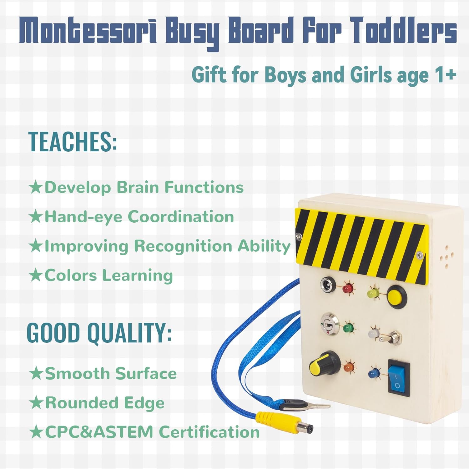 Wooden Sensory Board Switch Toy with Real LED Light and Sounds, Montessori Busy Board Toys for Toddler, Educational Gifts for 1 2 3 Year Old Girls Boys