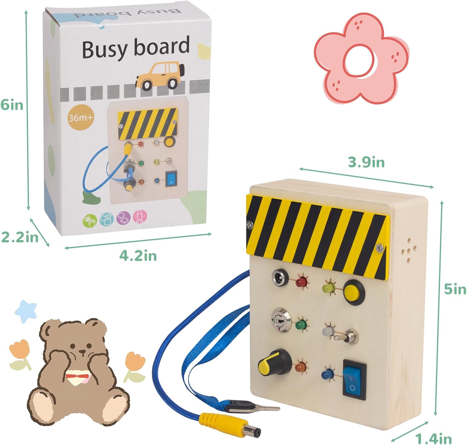 Wooden Sensory Board Switch Toy with Real LED Light and Sounds, Montessori Busy Board Toys for Toddler, Educational Gifts for 1 2 3 Year Old Girls Boys