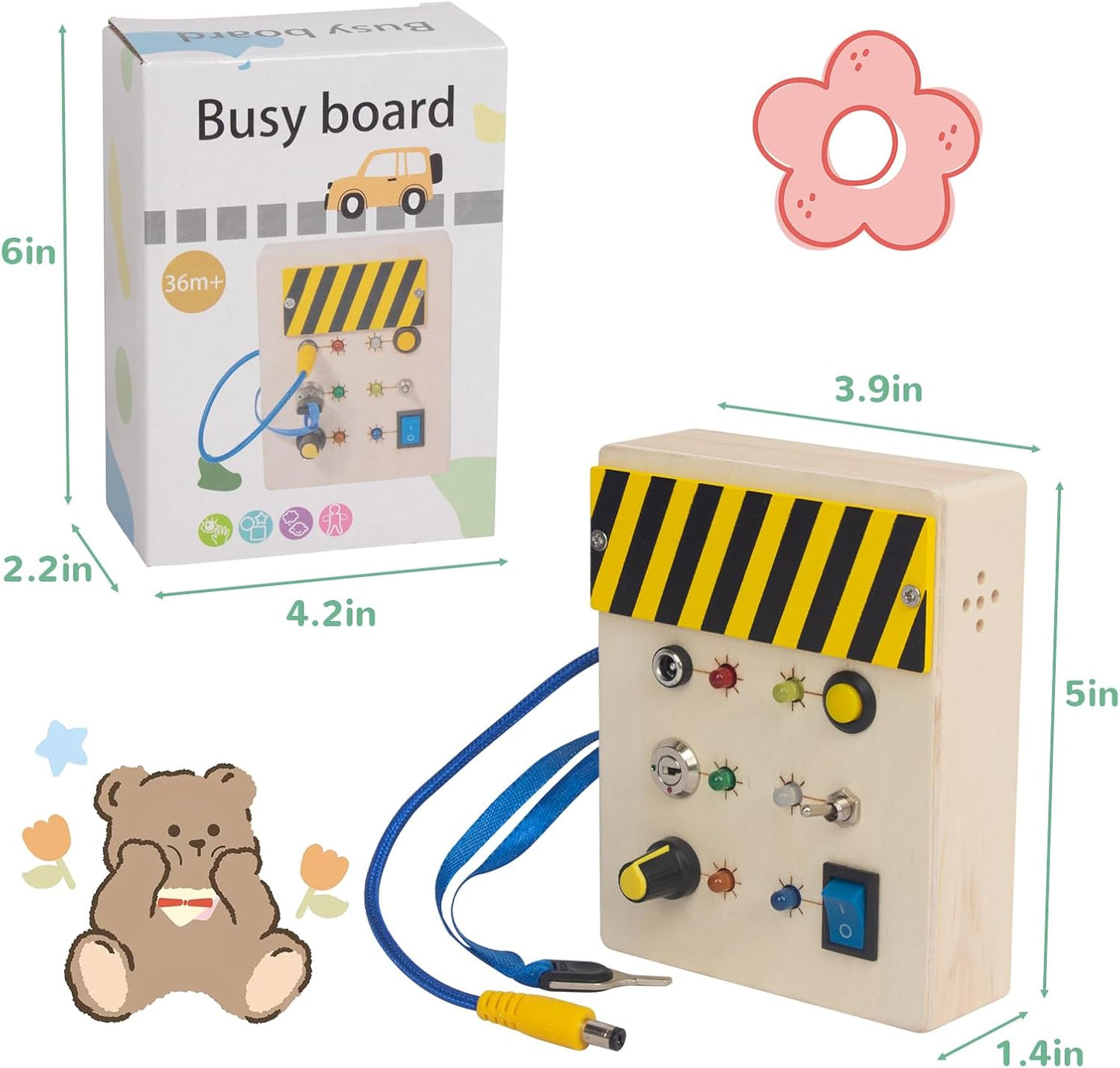 Wooden Sensory Board Switch Toy with Real LED Light and Sounds, Montessori Busy Board Toys for Toddler, Educational Gifts for 1 2 3 Year Old Girls Boys