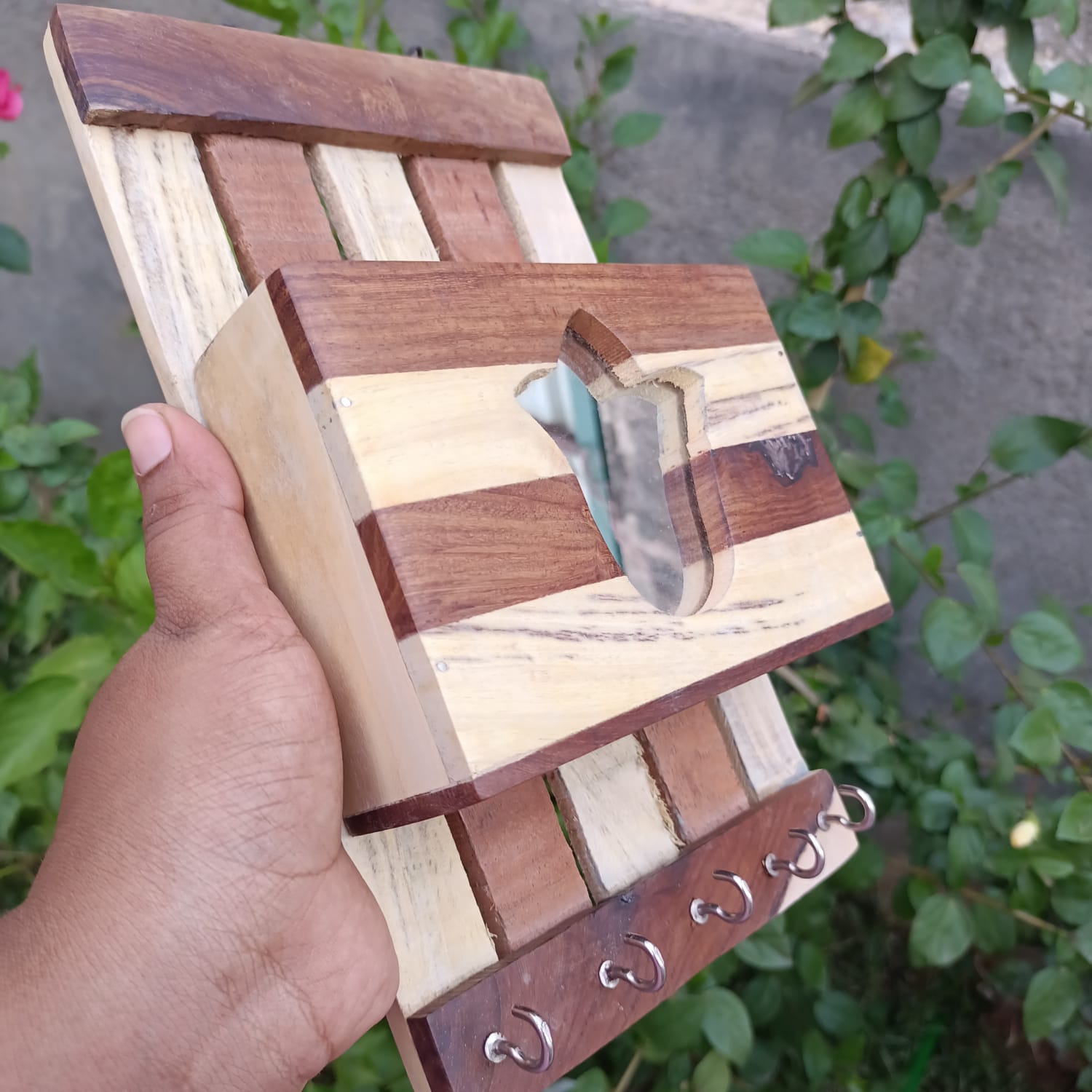 Wooden Wall Decor Key Holder with a Mirror