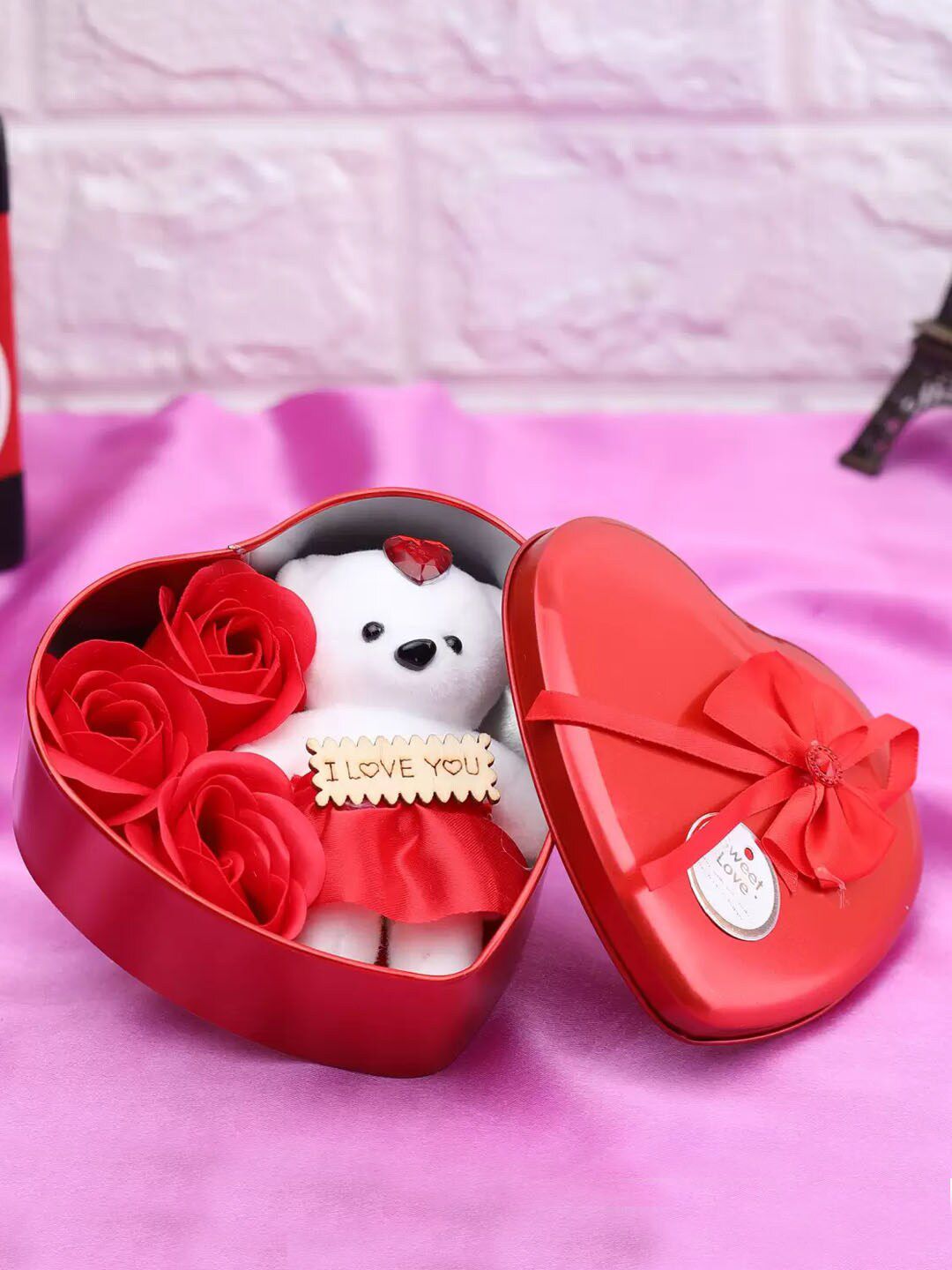 Valentine Heart Shape Box with Teddy and Red Rose Flowers Combo