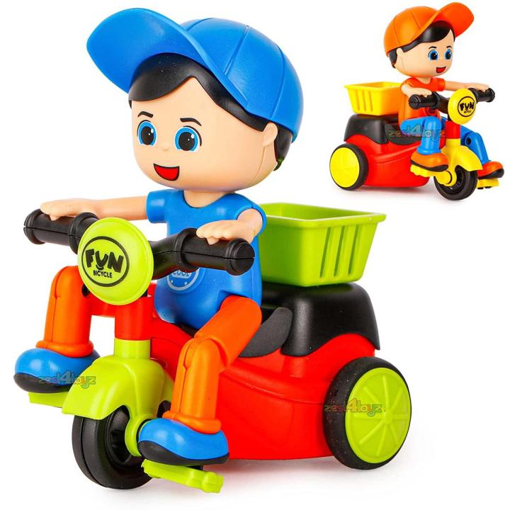 Friction Powered Mini Cartoon Tricycle Scooter Toy With Swing Function Stunt Boy Riding Scooty